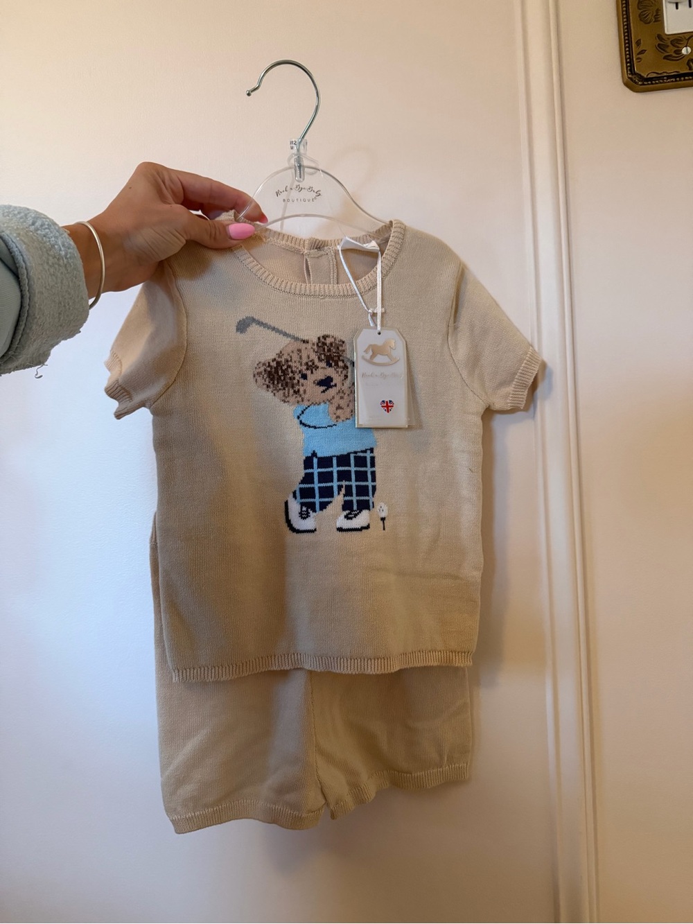 NWT baby boutique fine knit golf bear top and shorts set